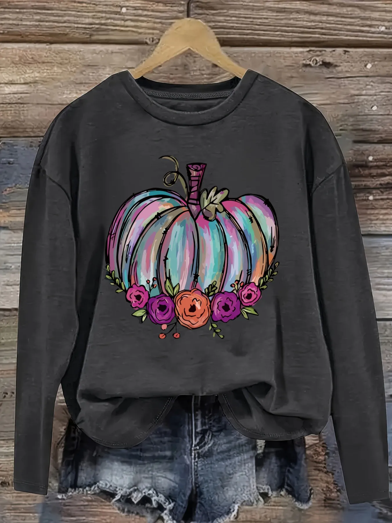 Women's Casual Long Sleeve Crew Neck T-Shirt Colorful Pumpkin With Floral Design Design, Round Neck Women's Clothing, Machine Washable, Slight Elasticity, Loose Fit, Spring Autumn Winter Women's T-Shirt, Christmas Outfit