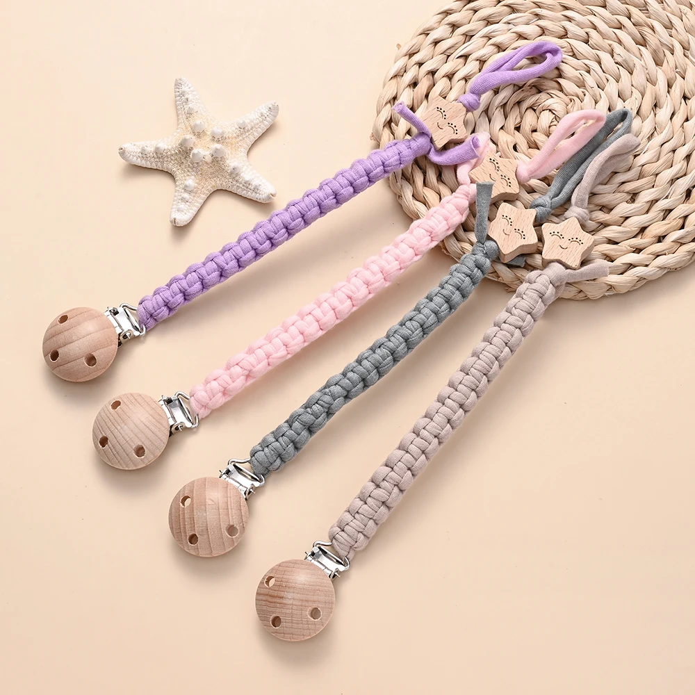 BPA Free not Personalized Baby Pacifier Clips Beech Wood Printed With Stars Anti-Lost Pacifier Chain for Dummy Nipple Holder