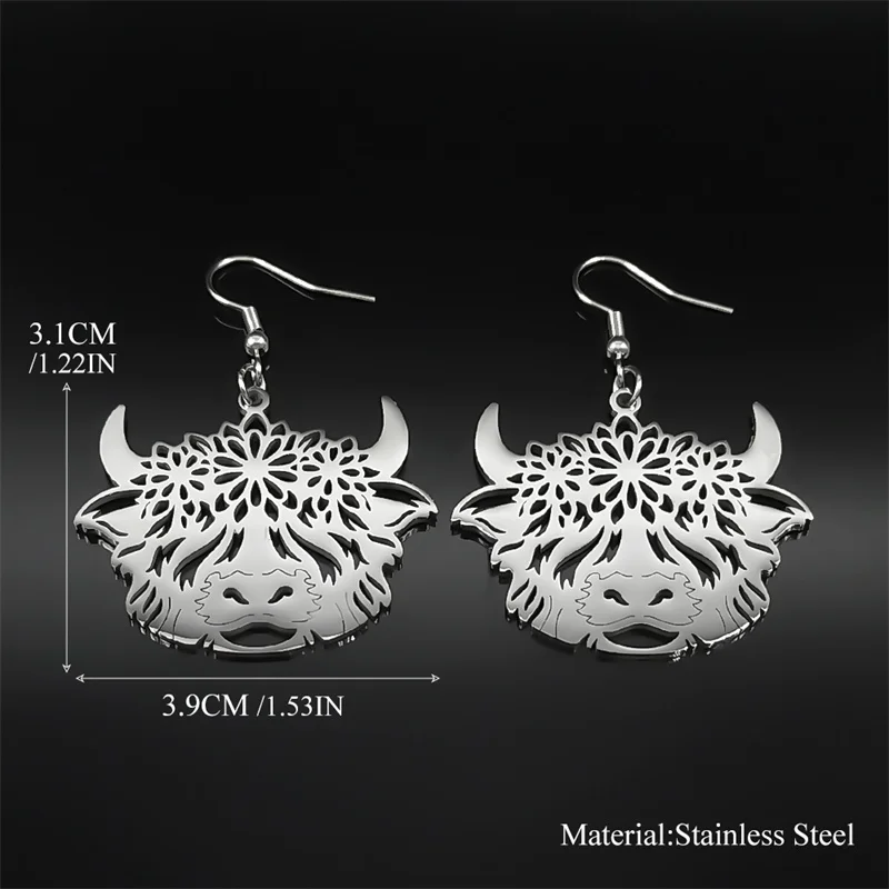 Bohemia Flower Cattle Cow Dangle Earrings for Women Men Stainless Steel Gold Silver Color Bull Calf Animal Earring Jewelry