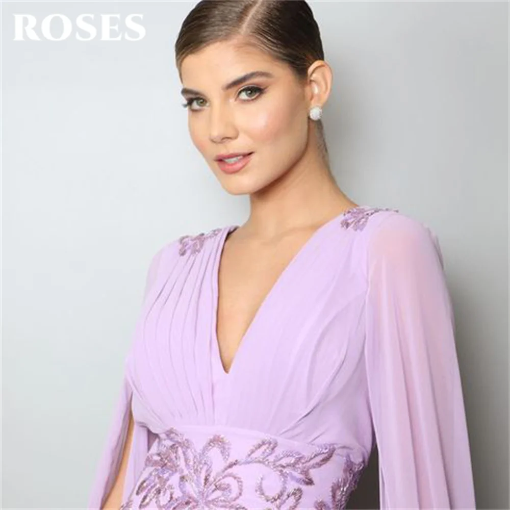 ROSES-vestido de fiesta lila con Apliques de encaje para mujer, traje de noche con cuello de pico y chal, Formal