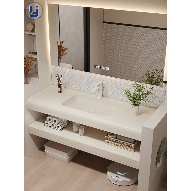 New Double Layer Rock Slab Seamless Ceramic Basin Corian Integrated Sink Face Wash Station Bathroom Cabinet Combination