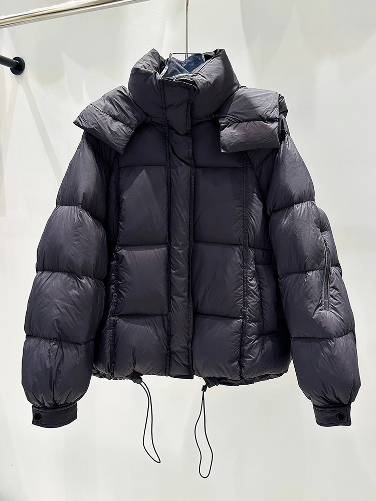 Zimowa Elegancja Krótka Kurtka Puchowa z Kapturem Damska Biała Kurtka z Puchu Kaczego ze Sznurkiem Damska Gruba Ciepła Luźna Kurtka Parker Odzież Wierzchnia