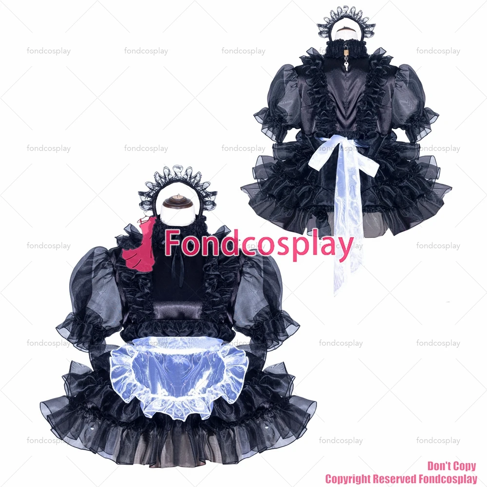 

fondcosplay adult sexy cross dressing sissy maid short French Lockable Black Satin organza Dress white apron CD/TV[G3969]