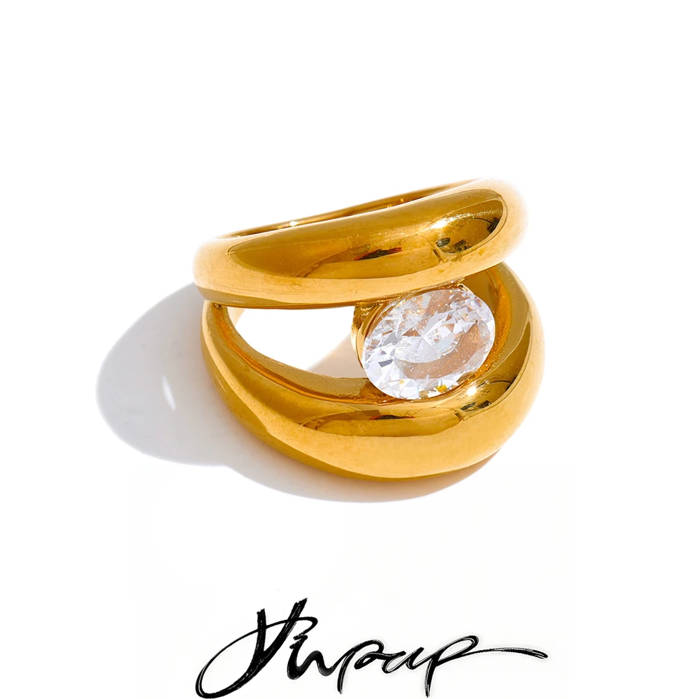 Yhpup Size 678 Stainless Steel Double-Layer Cubic Zirconia Cast Ring Rust Proof High Quality Golden Finger Daily Jewelry Gift