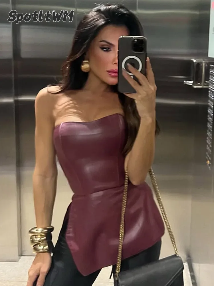 Burgundy Strapless  Pu Leather Tube Top Women Sexy Fashion Slim Stretchy Party Club Vest 2025 New Street Bodycon Night Clubwear