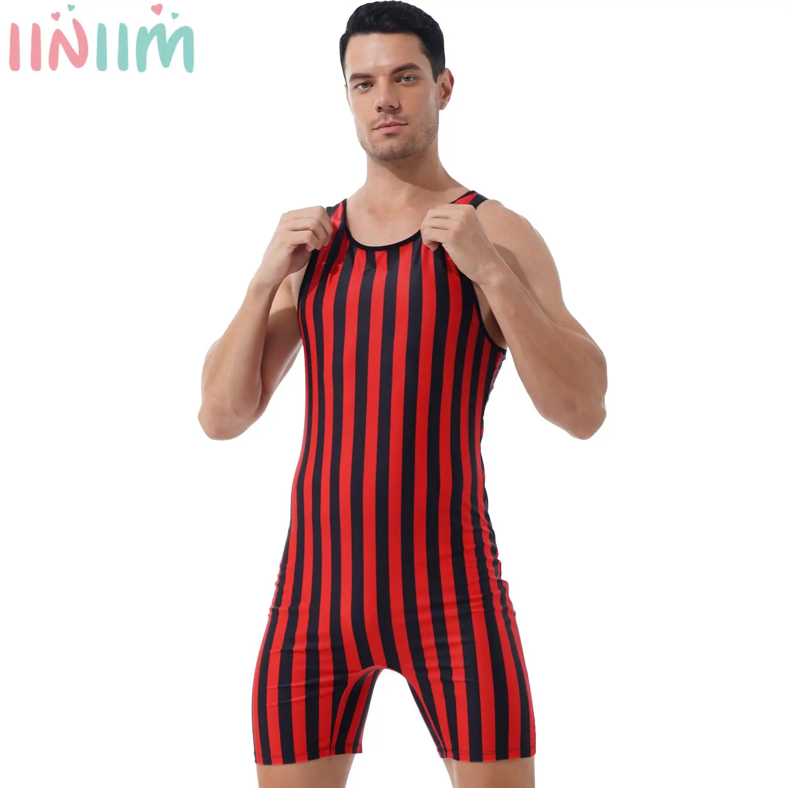 Mens Striped Wrestling Singlet Bodysuit Weight Lifting Stretchy Leotard Workout Fitness Outfits Athletic Jumpsuit Home Nightwear