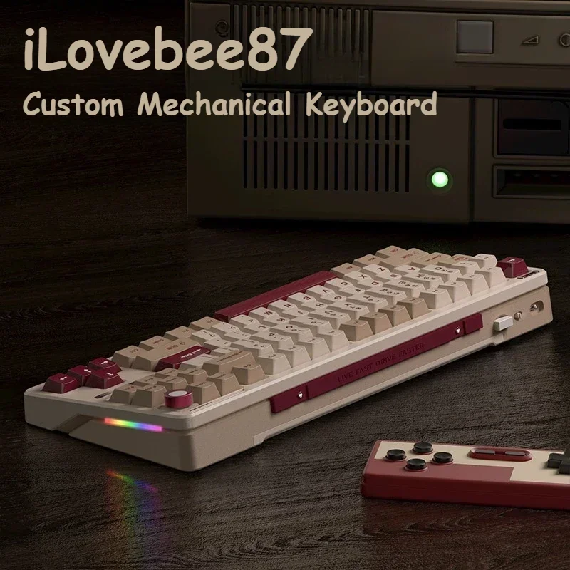 ILovbeeb87 Mechanical Keyboard 88key Wireless Tri-mode Hot-swap Gasket RGB Multimedia Metal Knobs Custom Retro Gaming Keyboard