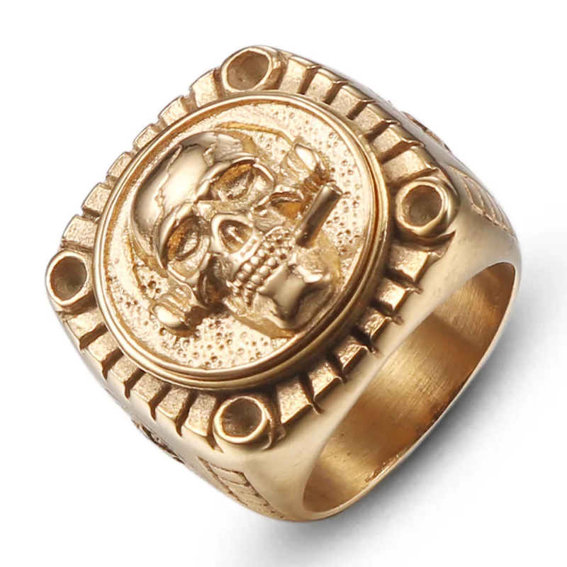 HIP HOP Bling Gold Color Solid Titanium Stainless Steel Smoking Skull Ring Big Heavy Men Signet Rings for Man Jewelry