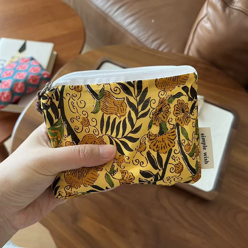 5pcs Coin Purses Cotton National Flower Printing Lipstick Ear Line Storage Bag Mix Color