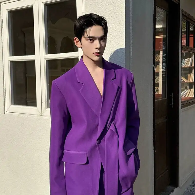 French Romantic Purple Men's Suit Set Chic Casual Niche Design Blazer Coat And Trendy Wide Leg Pants Two Pieces Set 9XC021 view 2
