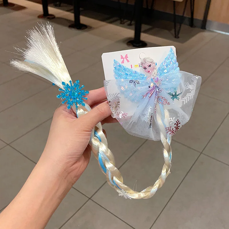 New Disney Frozen Princess Headwear Cute Cartoon Princess Elsa Winged Tassels Wig Braid Hair Clips for Baby Girls Hair Accessory