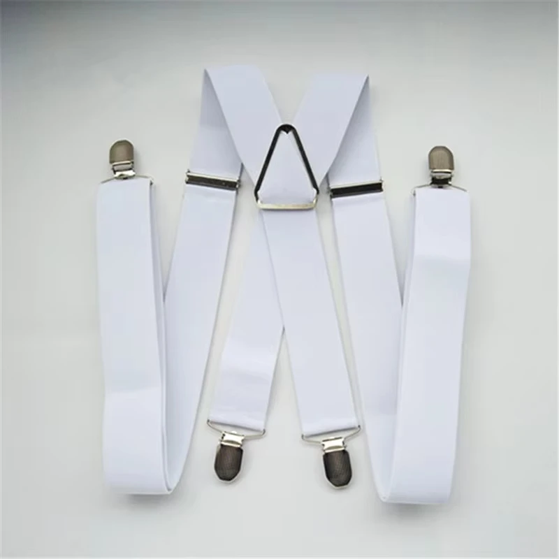 Solid White 3.5cm Wide X-Back Suspenders Braces 4 Clips Men Adult Up To XXL Adjustable Elastic Wedding Trouser Accessory