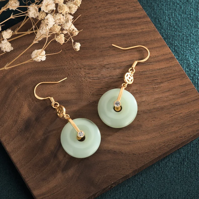 Natural Jade Donut Earrings 18K Gold Plated Designer Stone Luxury Fashion Accessories Carved Gemstone Vintage Real Jewelry