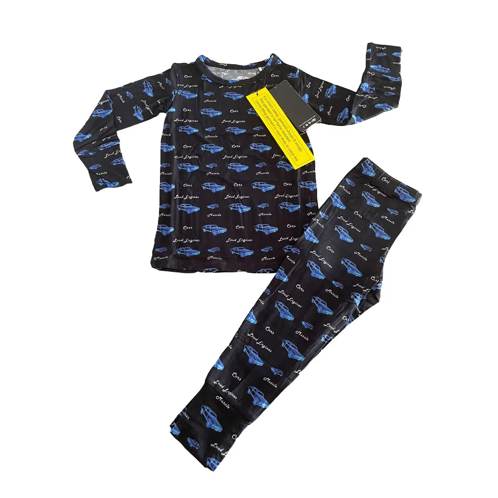 Custom Child Clothing Cartoon Car Baby Lounge Set Long Sleeve Baby Two Piece Bamboo Pajamas