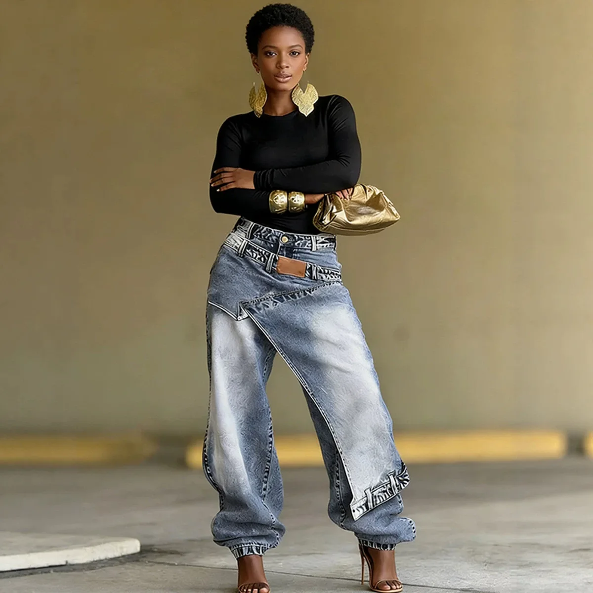 Women's Asymmetrical Wrap Denim Pants Vintage Washed Faded Patchwork Design High Waist Irregular Hem Baggy Jeans Streetwear New
