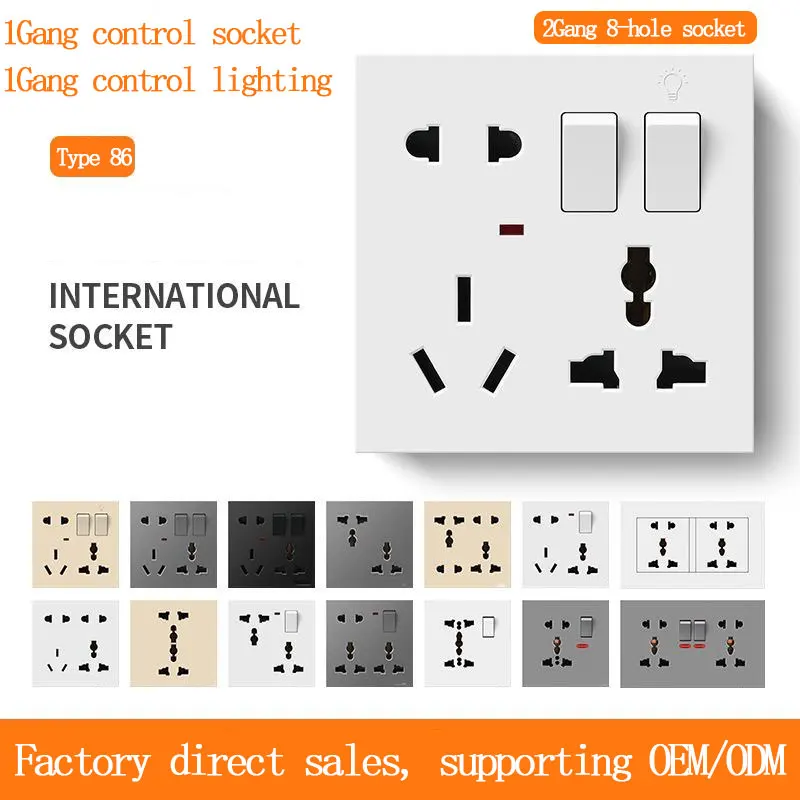 Concealed Push Button 86 Type 1/2Gang 8/10 Hole Multifunctional Socket with Switch Control Light UK Multi Hole 16A Socket