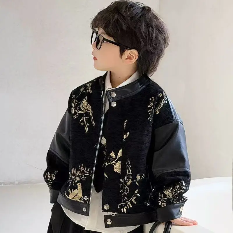 

Korean Kids Spring Autumn Pu Clothes Baby Boys Faux Leather 3D Embroidered Bird Jacket Coat Casual Zipper Tops Outerwear 2-11 Y