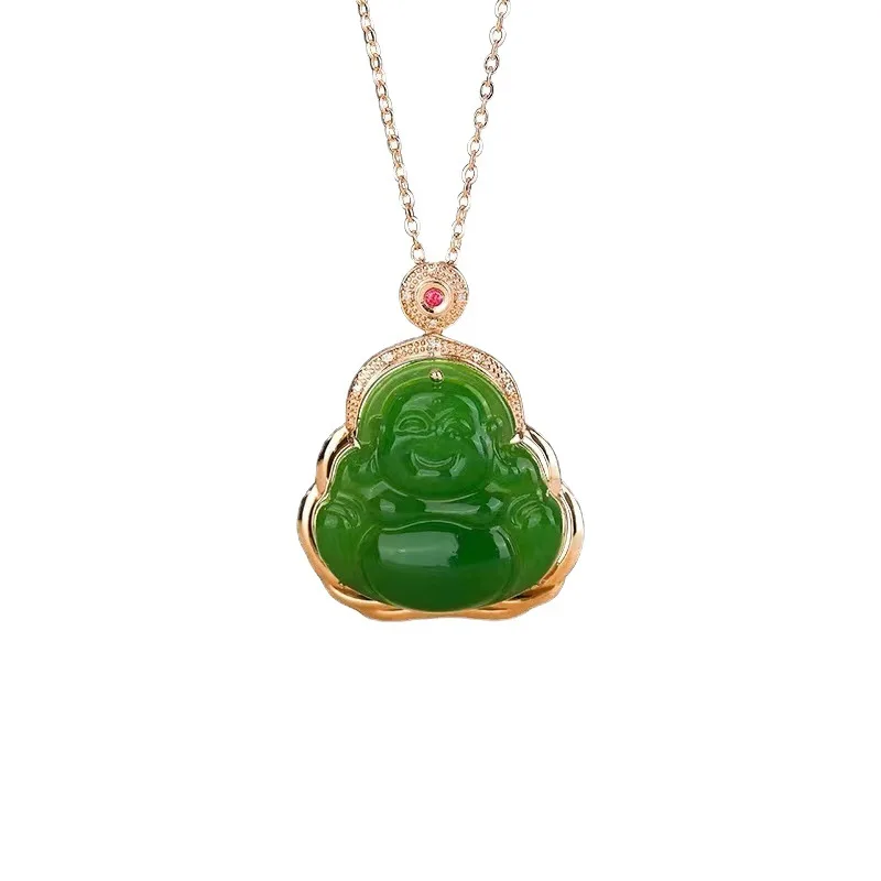 Chinese Style Lucky Hetian Green Jade Laughing Buddha Pendant 18k Gold Inlaid Blessing Wealth Good Fortune Auspicious Jade Neckl