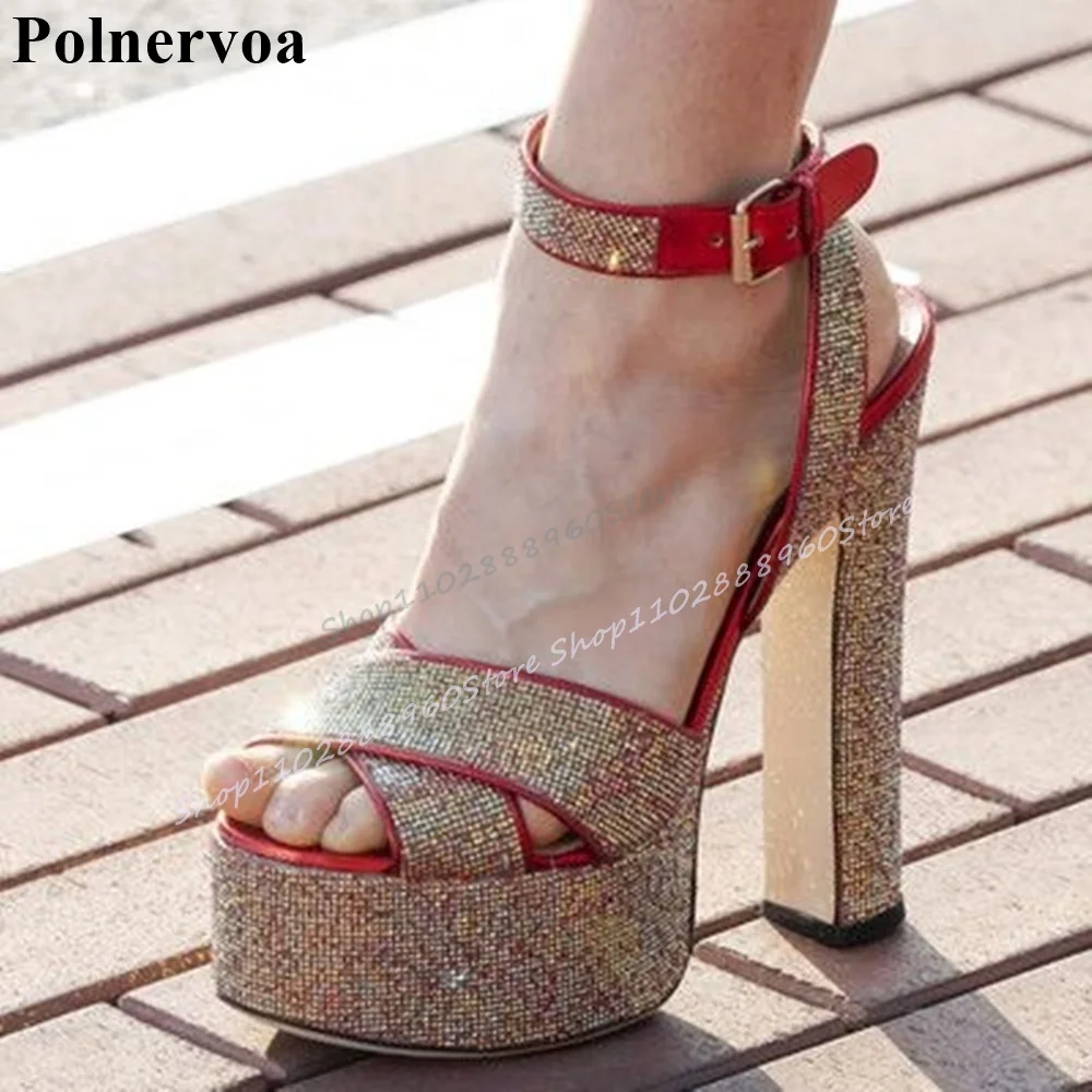 

Stylish Mixed Sparkling Crystal Platform Sandals Chunky High Heel Shoes For Women Ankle Buckle Strap 2025 Zapatos Para Mujere