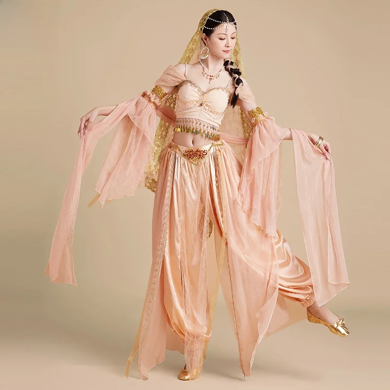 Halloween Jasmine Princess Cosplay Costume Belly Dance Stage Suit Women's Multi-piece Set Champagne Color Traditional Ethnic ...