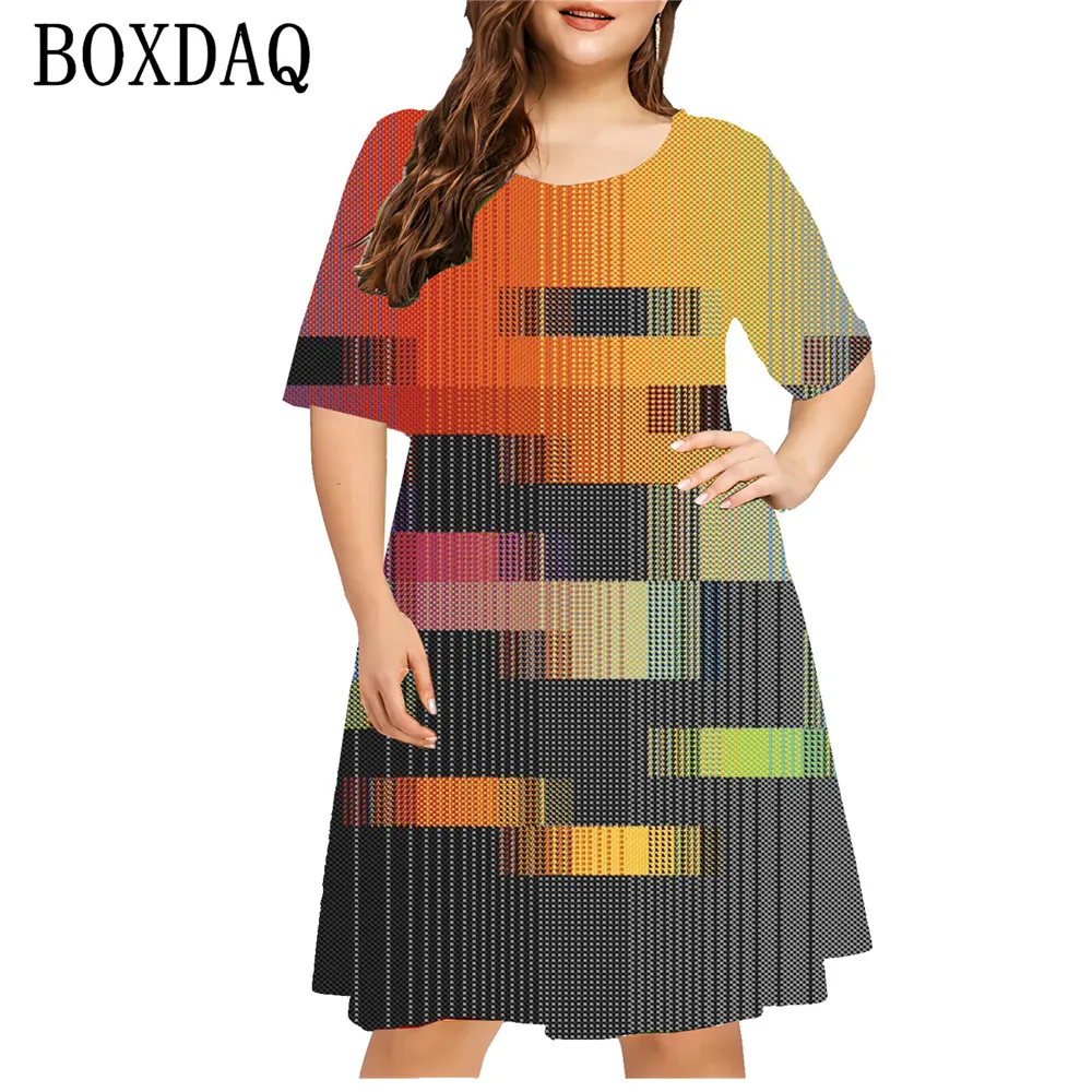 Geometry Striped Women'S Dresses Big Size Casual 3D Print Loose Plus Size Dress Summer Fashion Short Sleeve Ladies New Clothing