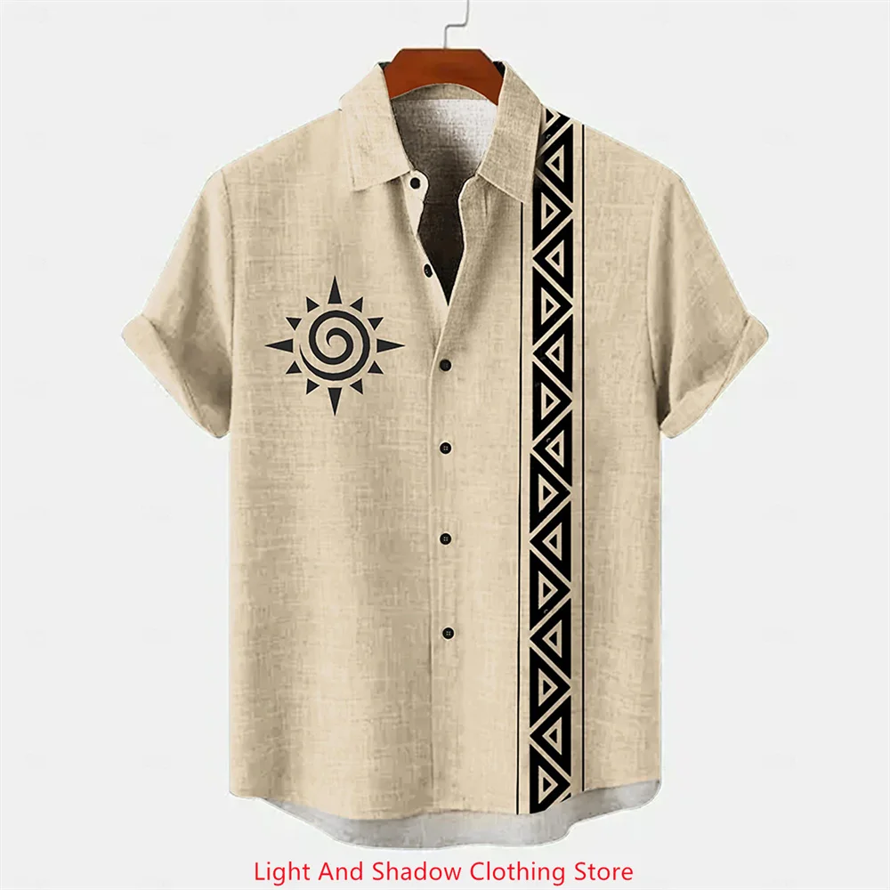 Retro Men's Ethnic Pattern Printed Short Sleeve Lapel Shirt Casual Street Fashion Button up Cardigan Breathable Linen 2025 Style