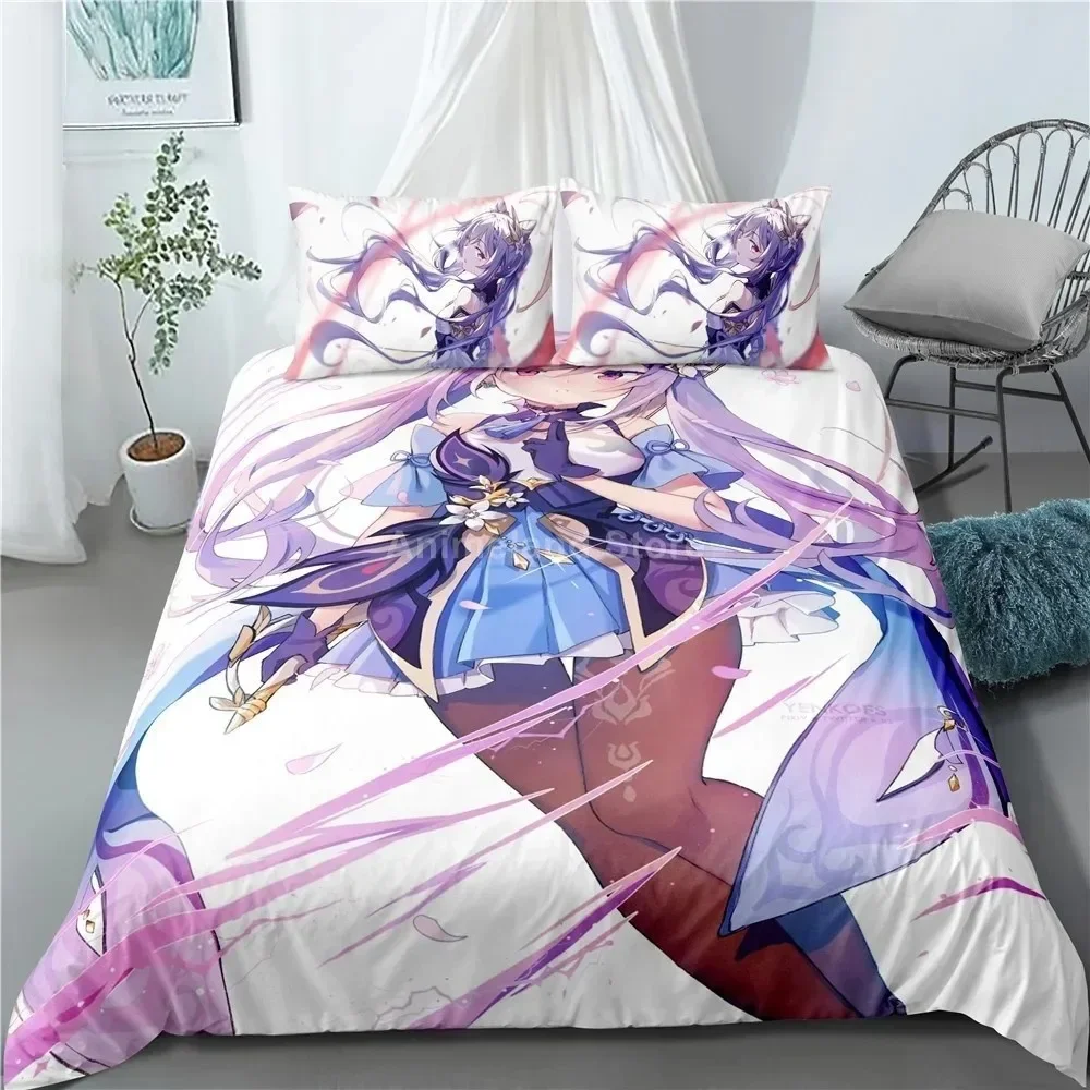 Keqing-Parure de lit imprimée en 3D du jeu Genshin Impact, ensemble de literie violet, housse de couette en lin doux, décoration de chambre à la maison, Queen et King Size, 202 lon