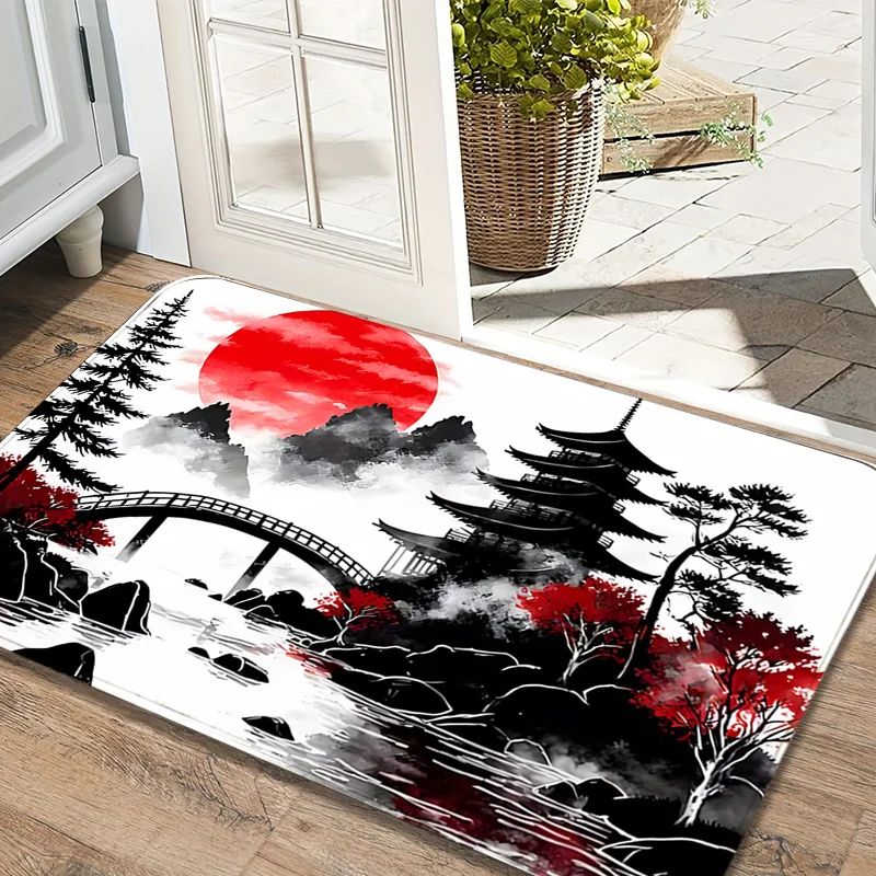 VIKAMA Japanese Ink Painting Doormat Red Sun Pagoda Bridge Mountain Print Non‑Slip Washable Entrance Mat Home Decor Floor Rug