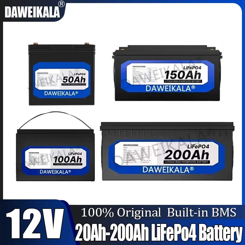 12V battery 20Ah 50Ah 100Ah 150Ah 200Ah LiFePo4 Battery Pack Lithium Iron Phosphate Batteries Built-in BMS For Solar Boat No Tax