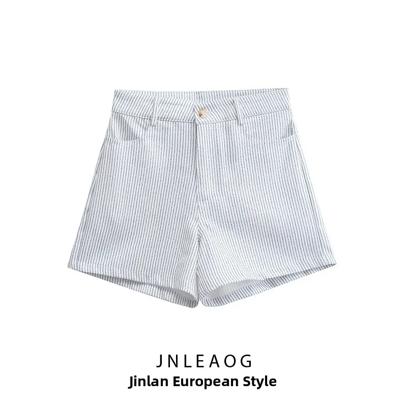 Fashionable White Striped Mid-Waist Shorts JNLEAOG Women's Clothing Autumn New Style Versatile French Style Standard Fit Poly...