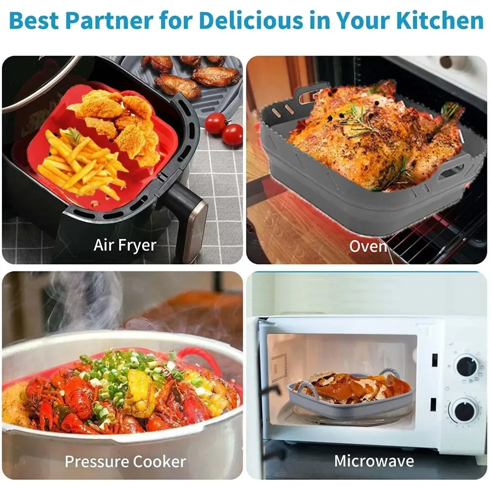 8.5 Inch Air Fryer Silicone Basket Plate Reusable Square Foldable Food-Safe Air Fryer Accesoires Cooking Tool Baking Molds Party