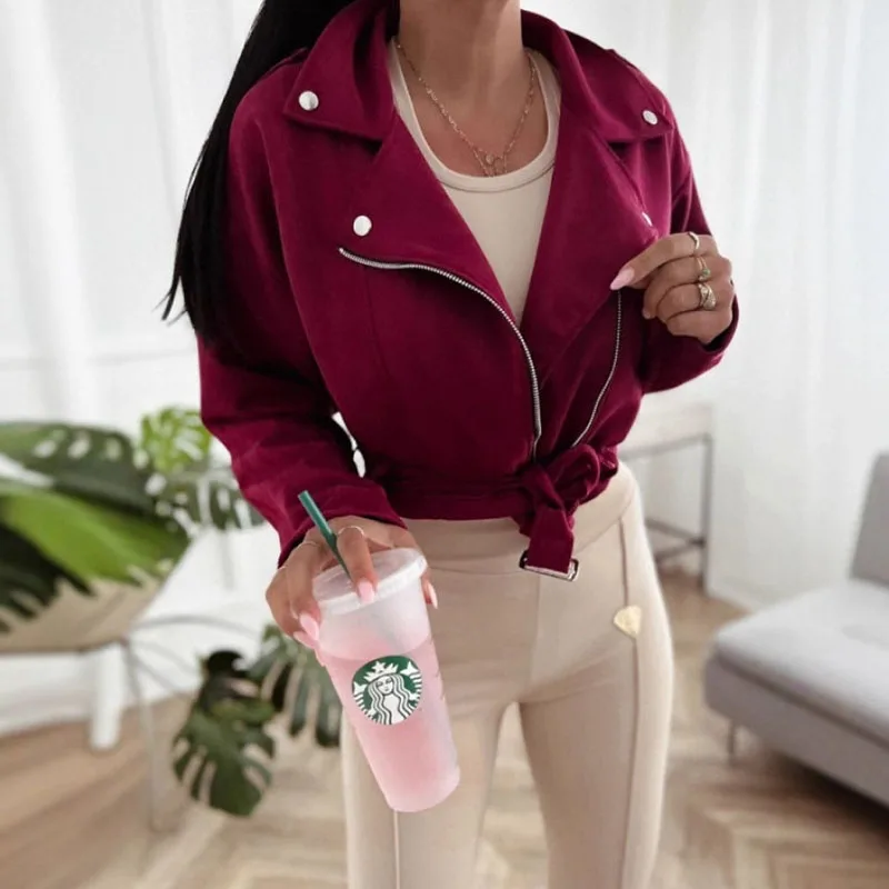 Autunno Inverno Elegante Colletto con risvolto Giacche solide Moda donna Cerniera Con lacci in vita Cappotto corto Casual Manica lunga Cappotto sottile