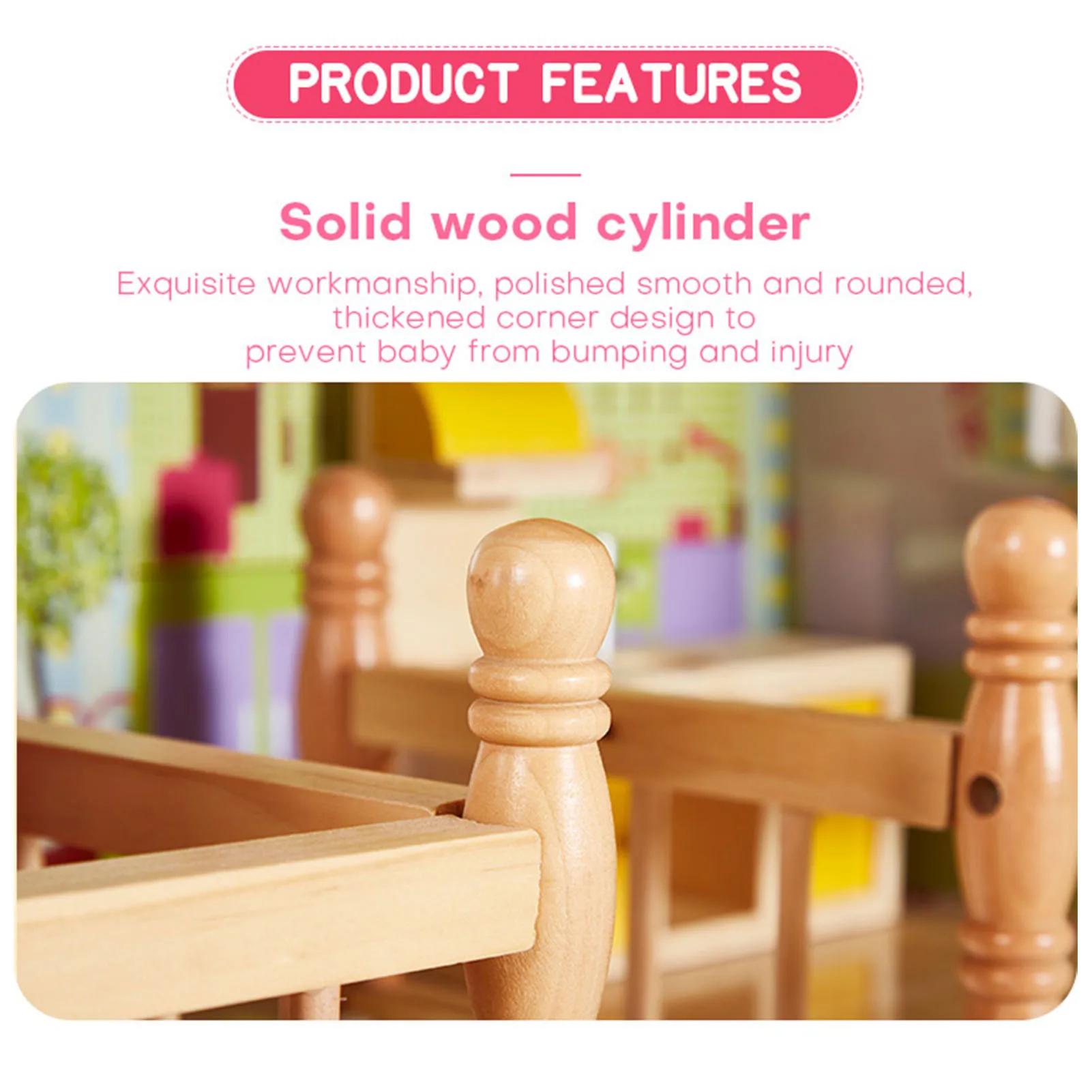 บ้านตุ๊กตา 3 ชั้น ทำจากไม้ พร้อมระเบียง บันได เฟอร์นิเจอร์จิ๋ว ของขวัญสำหรับเด็กชายและเด็กหญิง ขนาด 65*30*99 ซม.