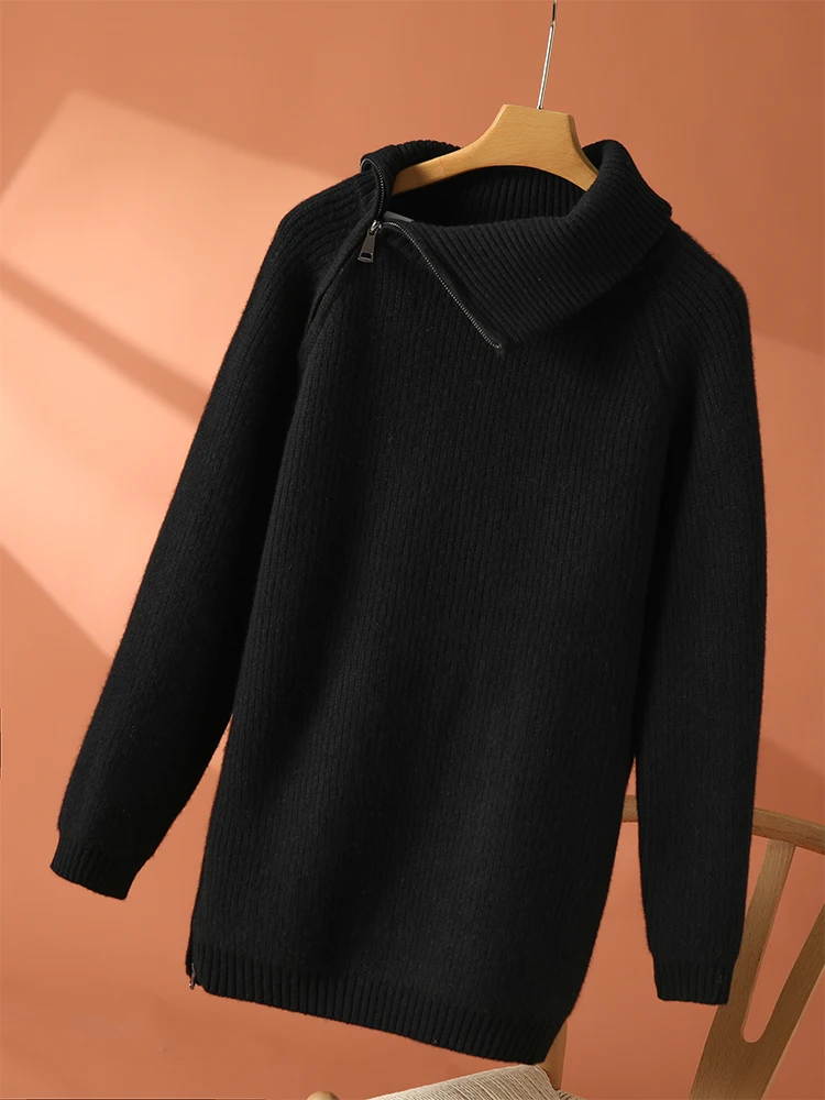 New 100% Goat Cashmere Women Turn-down Collar Sweater Slant Zipper Pullover Autumn Winter Thick Casual Loose Knit Clothing Tops
