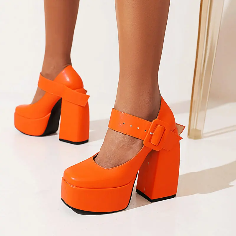 Solid Orange Black White Heels Wide Big Belt Buckle Ladies Sexy Gothic Shoes Chunky Block High Heels Platform Mary Janes Pumps