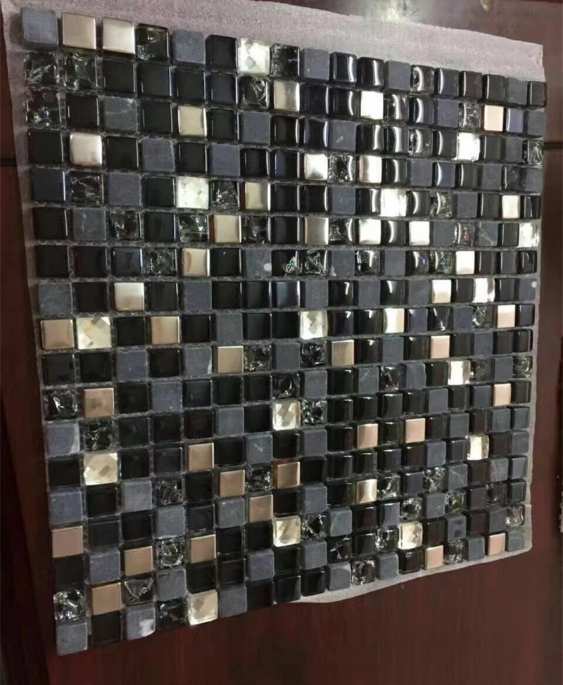 Luxury Black Stone Glass mixed Mirror Mosaic Tiles for Kitchen Backsplash Waistline Bathroom Wall Tiles