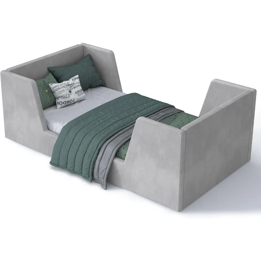 Toddler Bed Frame with Guard Rails for Ages 2-6 Certified Fabric Floor Bed in Soft Gray Safe and Space-Saving Design