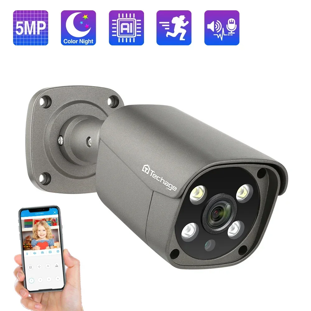 Techage 5MP Security POE Camera AI Human Detection Two-way Audio IP Camera IP66 Outdoor CCTV Surveillance Full Color Night P2P