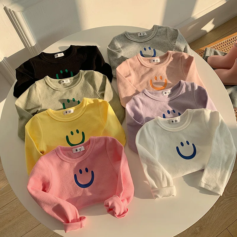 Children's Brushed Bottom Shirt for Boys and Girls Korean Version Smiling Face Slimming Long-sleeved T-shirt Baby Thickened Warm