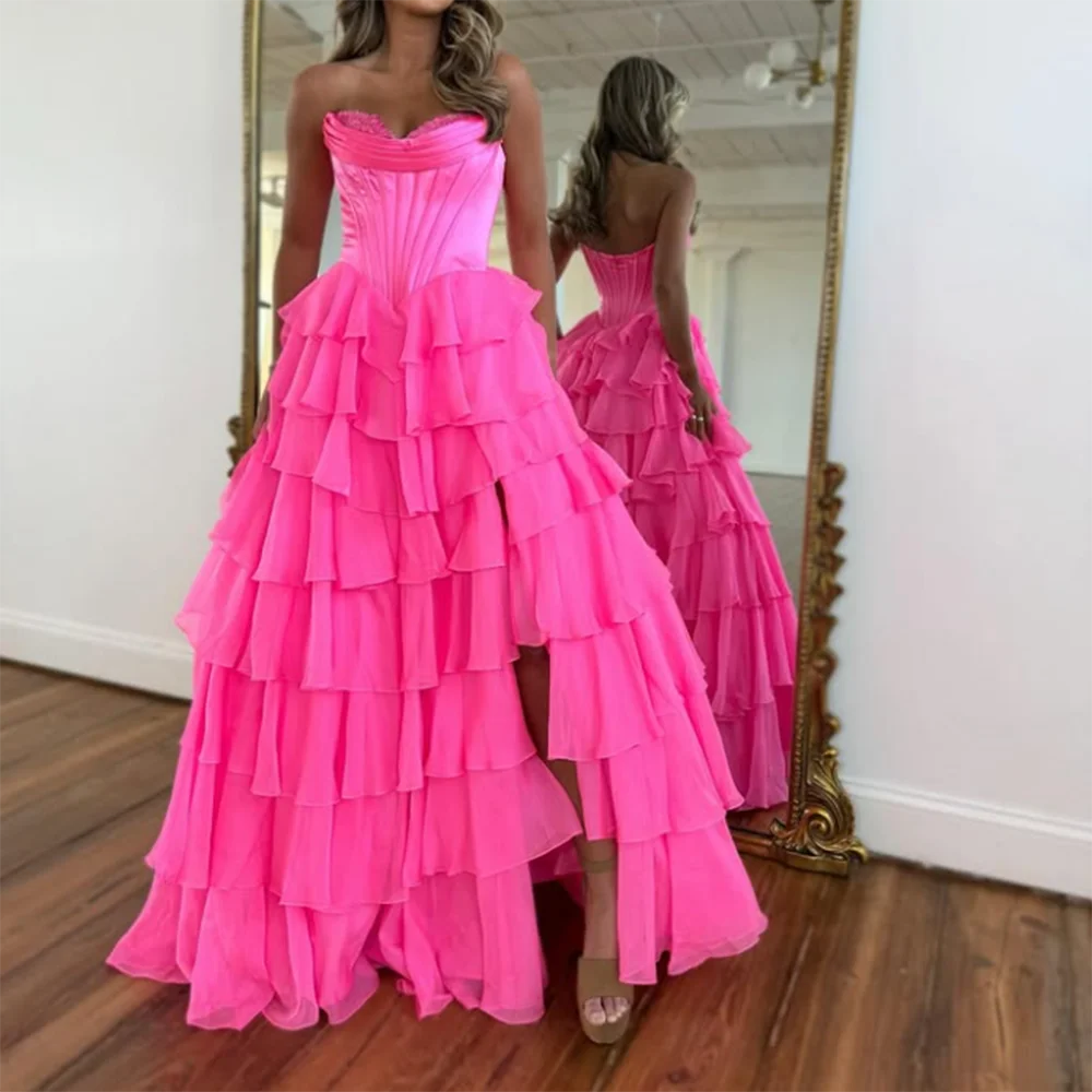 

customized Sweetheart Prom Gown Simple Backelss Tiered Ruffles Side High Slit Chiffon A-Line Party Dress Long cocktail Dress