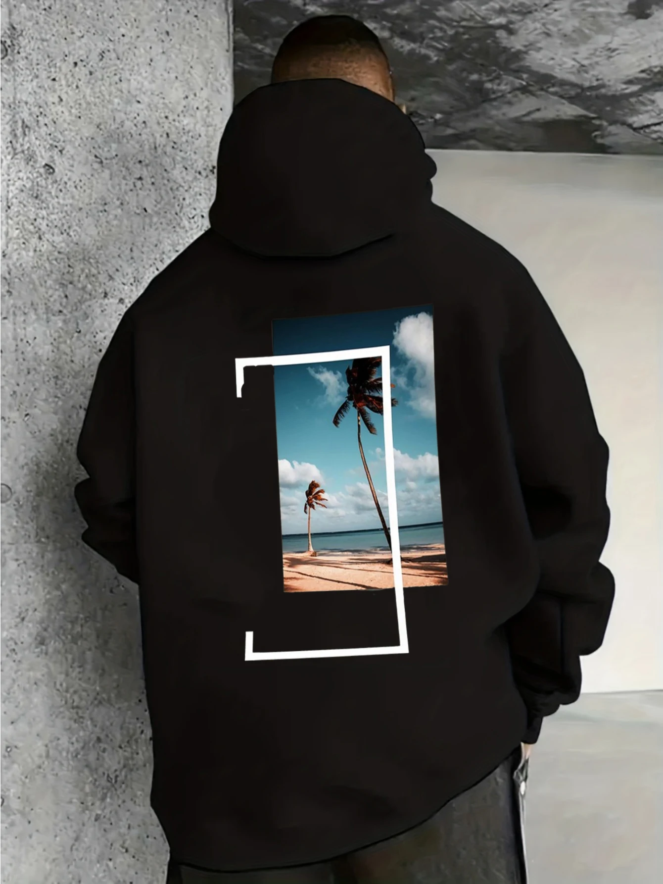 Men Back Print Hoodie, Geometric Frame Beach Palm Tree Scenery Graphic Hooded Sweatshirt, Minimalist Streetwear Casual Loose Pullover Hoodie