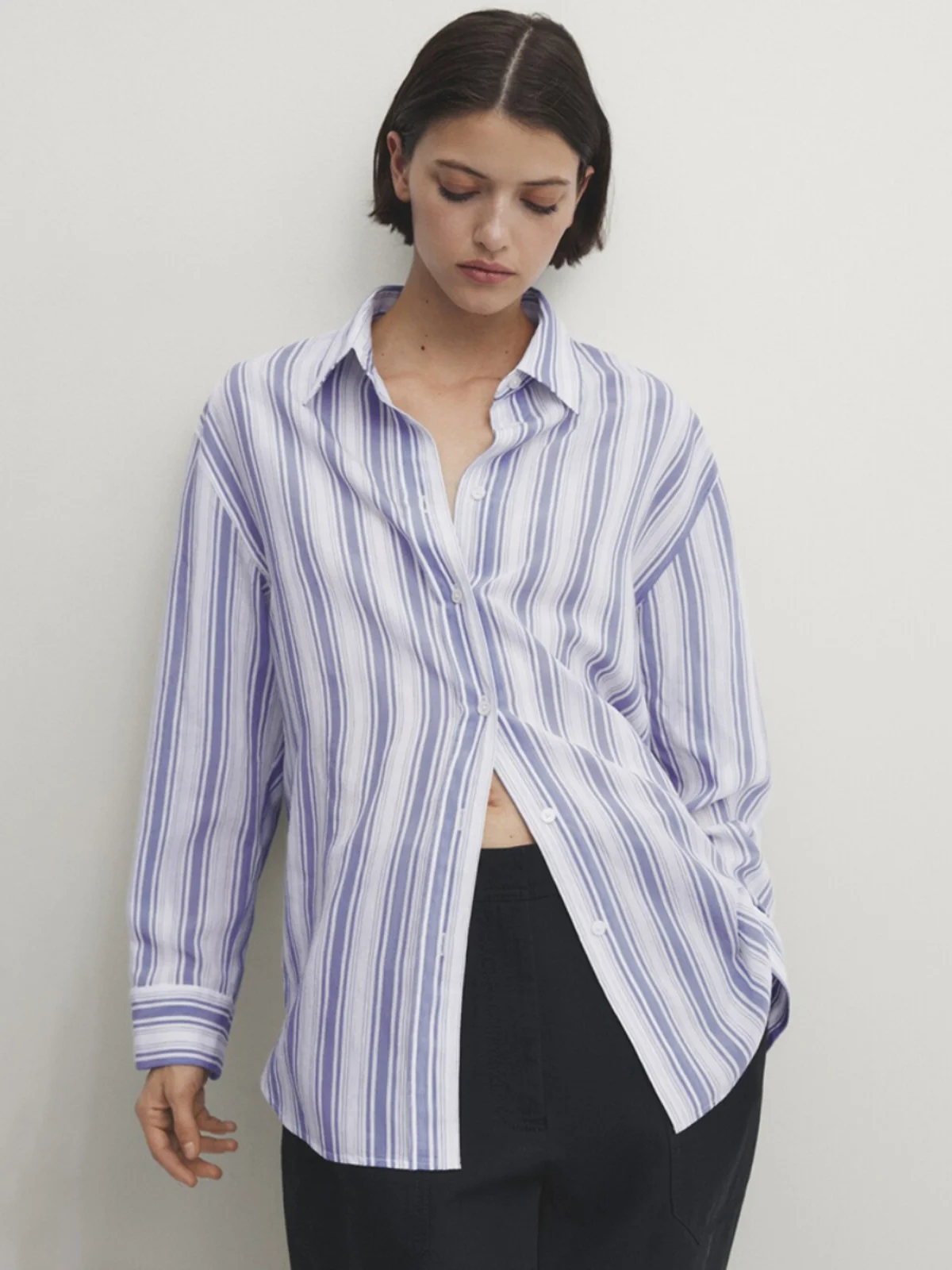 

Blue Vertical Stripes Long Sve Casual irt Women's Loose Fit Sle French Sle Collar Polyester Fiber 00% Spring 2024