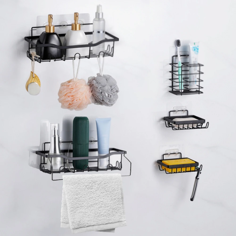 5PCS/SET Metals Bathroom Storage Shower Shelf Punch-Free Kitchen Toilet Wall Hanging Rack Organizer Bathroom Corner Shelves Set