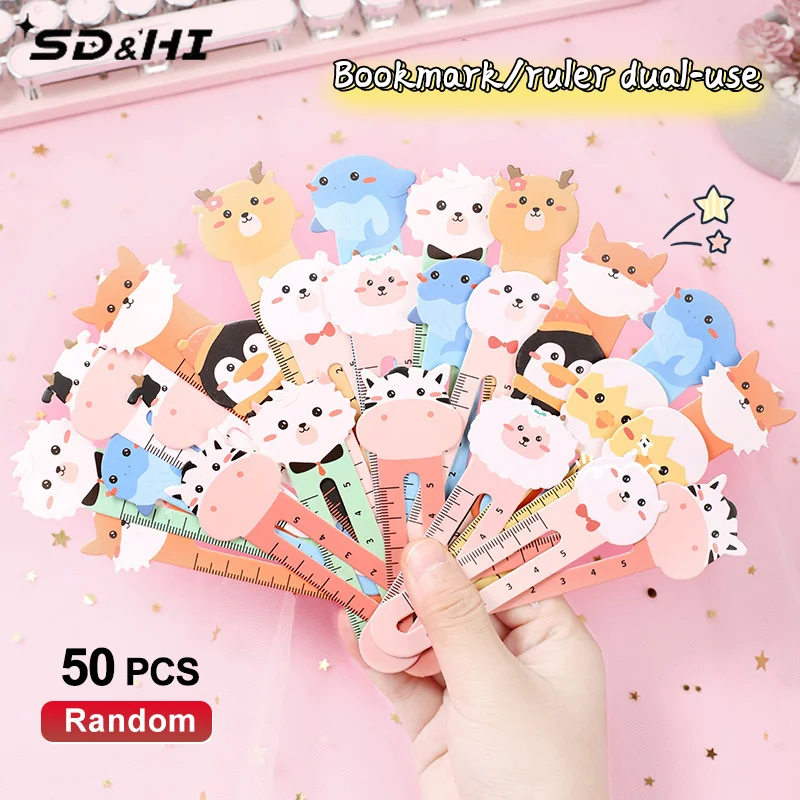 50Pcs Random Cartoon Animal Bookmark Cute Bear Kitten Student Ruler Bookmark Students Supplies Accessories