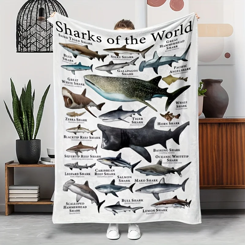 [1pc Educational Blanket] 1pc Hypoallergenic Educational Flannel Blanket - Sharks of the World | Durable, Tear-Resistant, Coasta