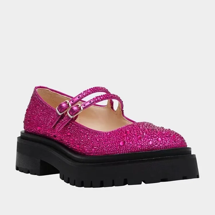 Bling Rhinestone Round Toe Women Marry Jane Shoes Chunky Middle Heels Buckle Strap Design Large Size Shallow Pumps Shoes