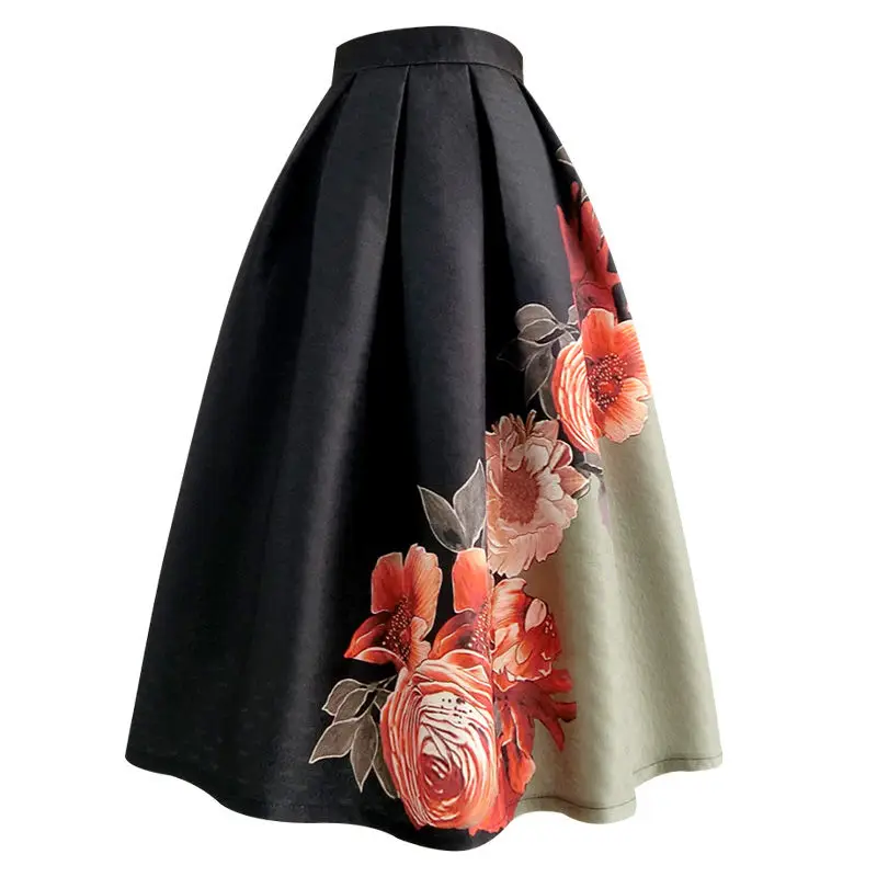 

Summer Woman Vintage Printing High Waist Skirt for Female Fashionable Elegant Loose Patchwork Ball Gown Skirts Clothing Q637