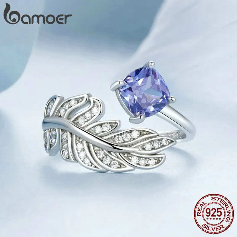 BAMOER 925 Sterling Silver Adjustable Feather Ring For Women with Blue Gemstone Dainty Feather Sizable Ring Jewelry