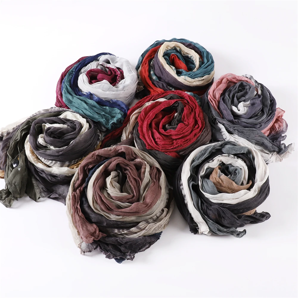 

New Hijab Scarf For Women Soft Wrinkled Cotton Voile Long Shawl Big Pashmina Hand-painted Irised With Gradient Color Scarves