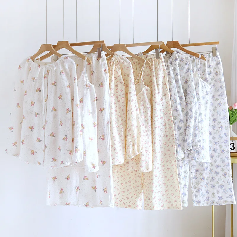 

Sweet Pure Cotton Double-layer Gauze Loungewear Soft and Comfortable Long-sleeved Trousers Women's Pajamas Loose 3 Piece Sets